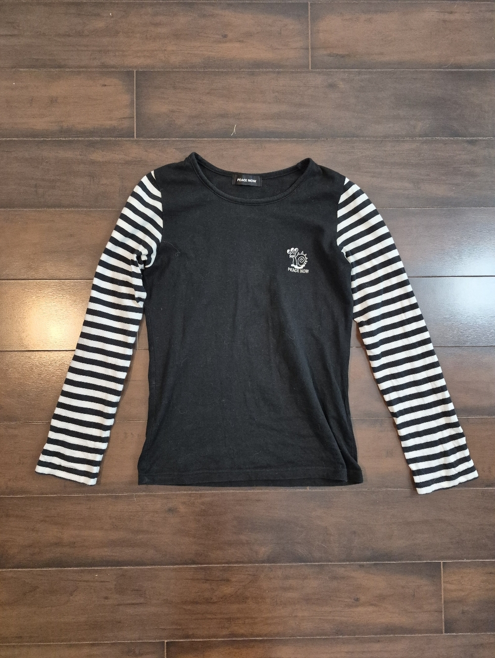 Peace Now Gothic Black Top with Black & White Striped Sleeves Size Small